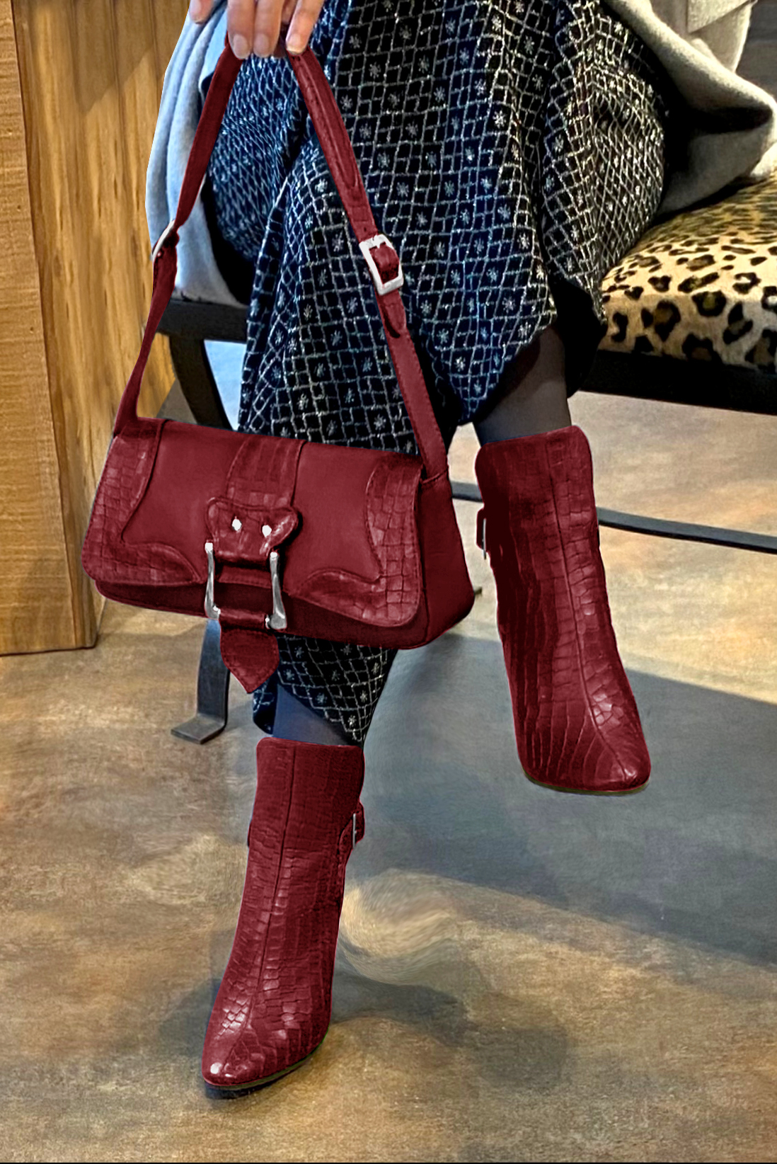 Burgundy red matching ankle boots and . Worn view - Florence KOOIJMAN